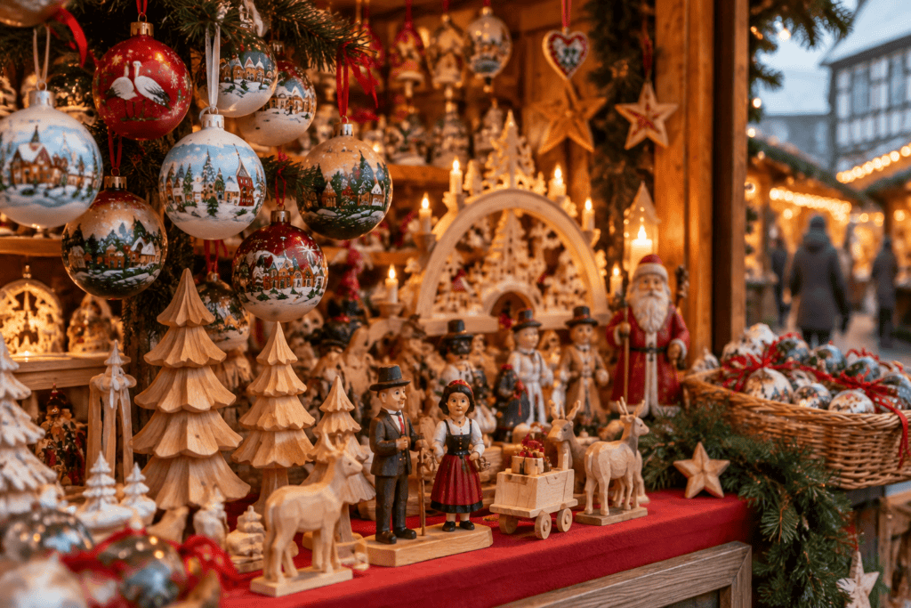 Boules peintes, décorations en bois et figurines de Noël présentées sur un étal de marché.