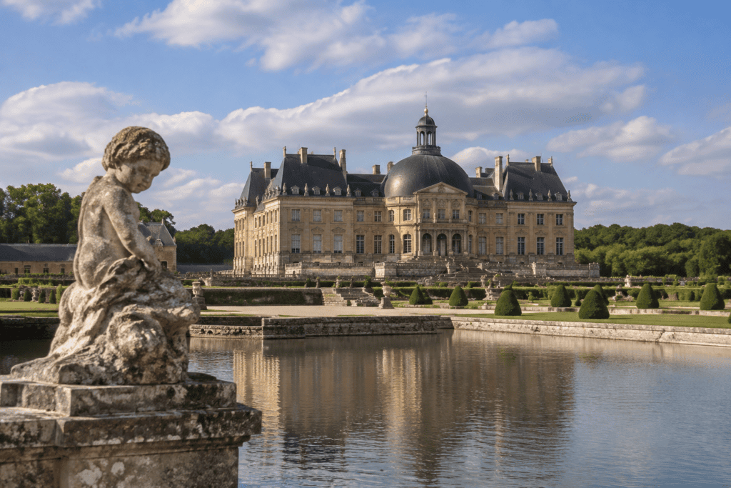 Château de Vaux-le-Vicomte et jardins Le château de Vaux-le-Vicomte se reflète dans un bassin, avec une statue de pierre et des jardins à la française au premier plan.