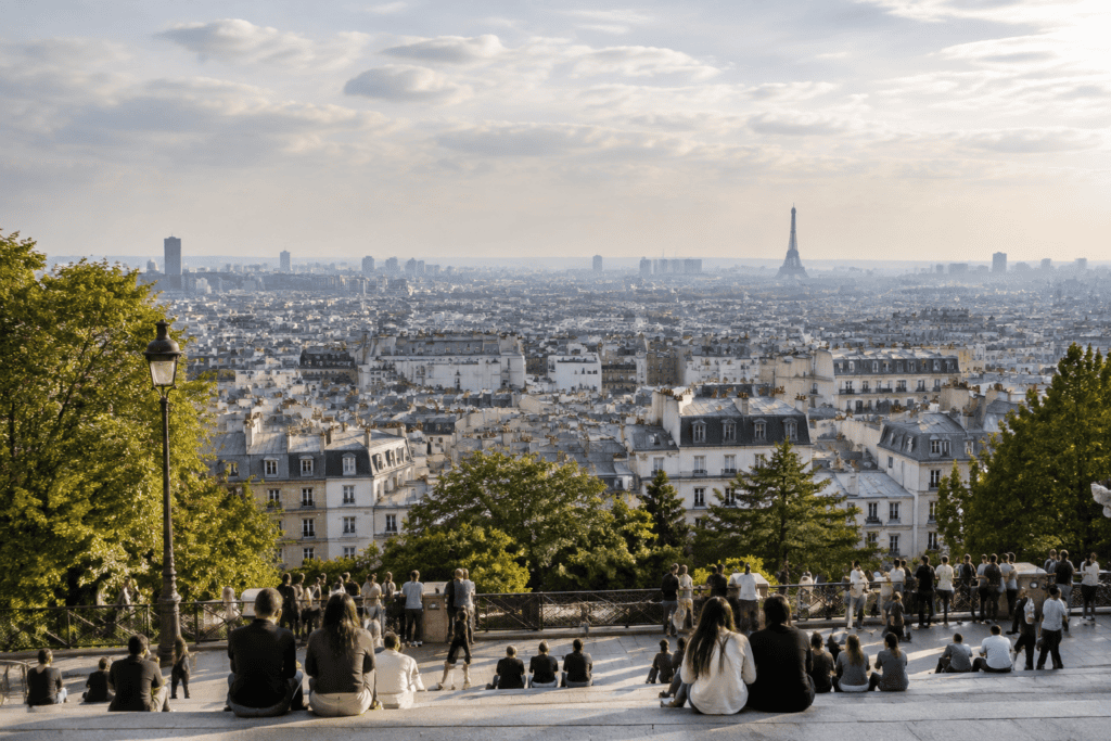 Des visiteurs sont assis sur les marches face aux toits de Paris, avec la tour Eiffel visible au loin.