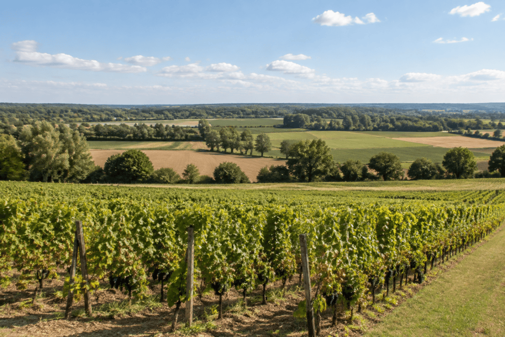 Rangées de vignes au premier plan, avec des champs et une lisière boisée à l’horizon.