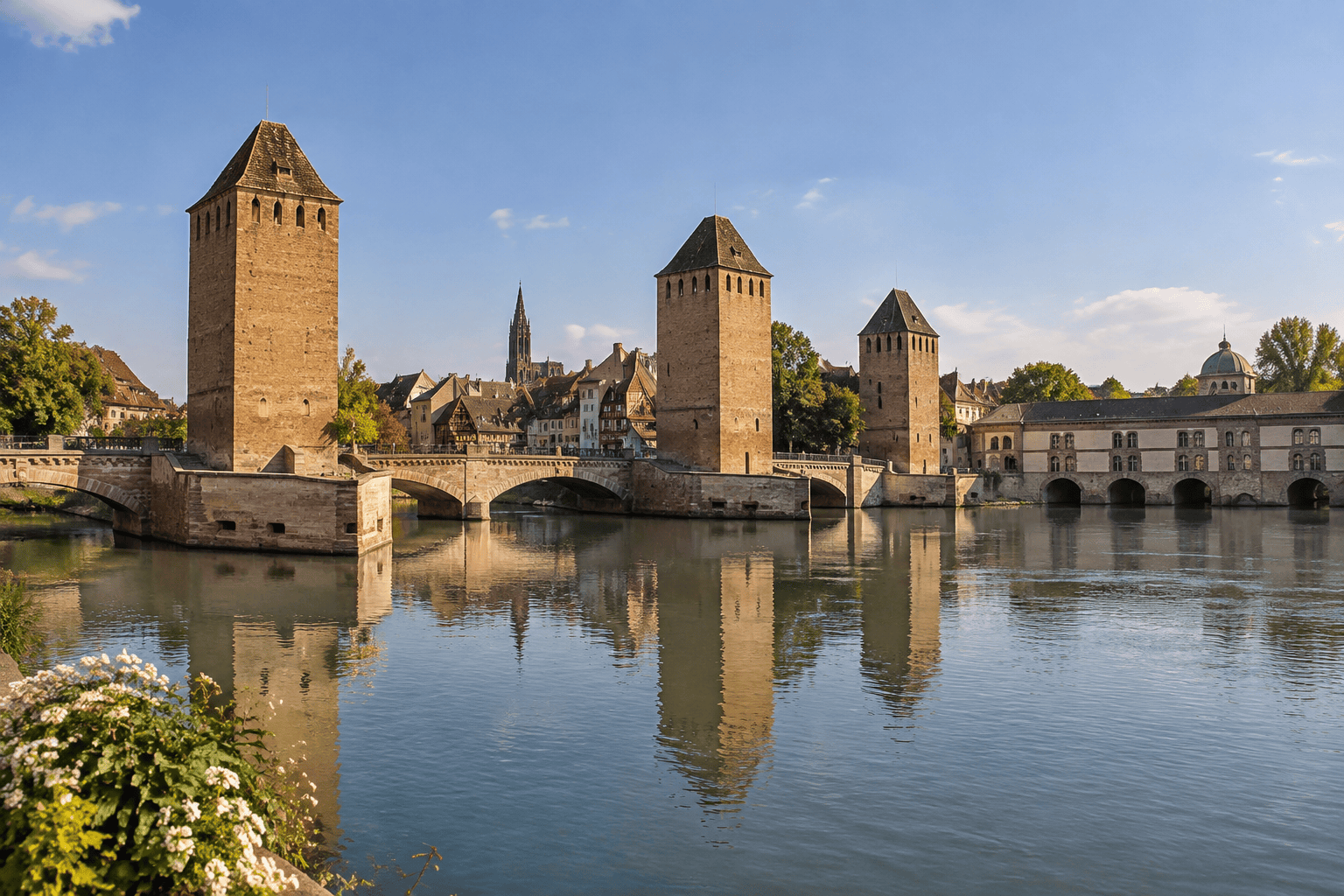 Les tours de pierre des Ponts couverts et le barrage Vauban se reflètent dans l’Ill, à Strasbourg.
