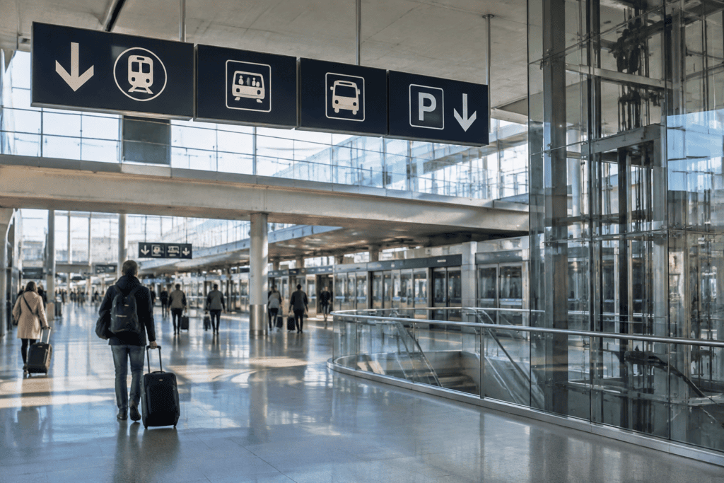Concourse vitré avec des panneaux pictographiques indiquant des directions vers différents transports.
