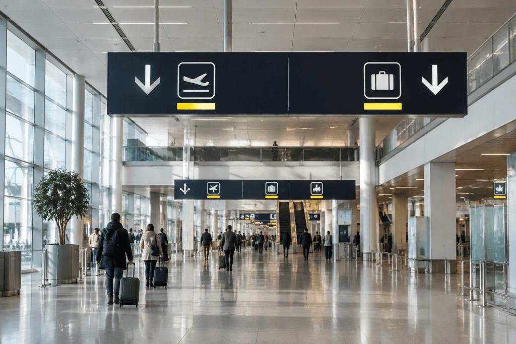 Hall lumineux d’un terminal avec panneaux suspendus à pictogrammes et voyageurs tirant leurs bagages.