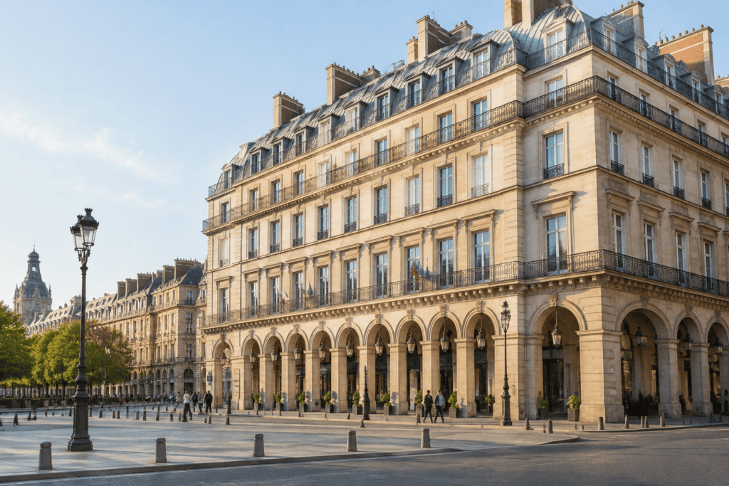 Façade en pierre claire à plusieurs étages, avec des arcades au rez-de-chaussée et un toit mansardé.