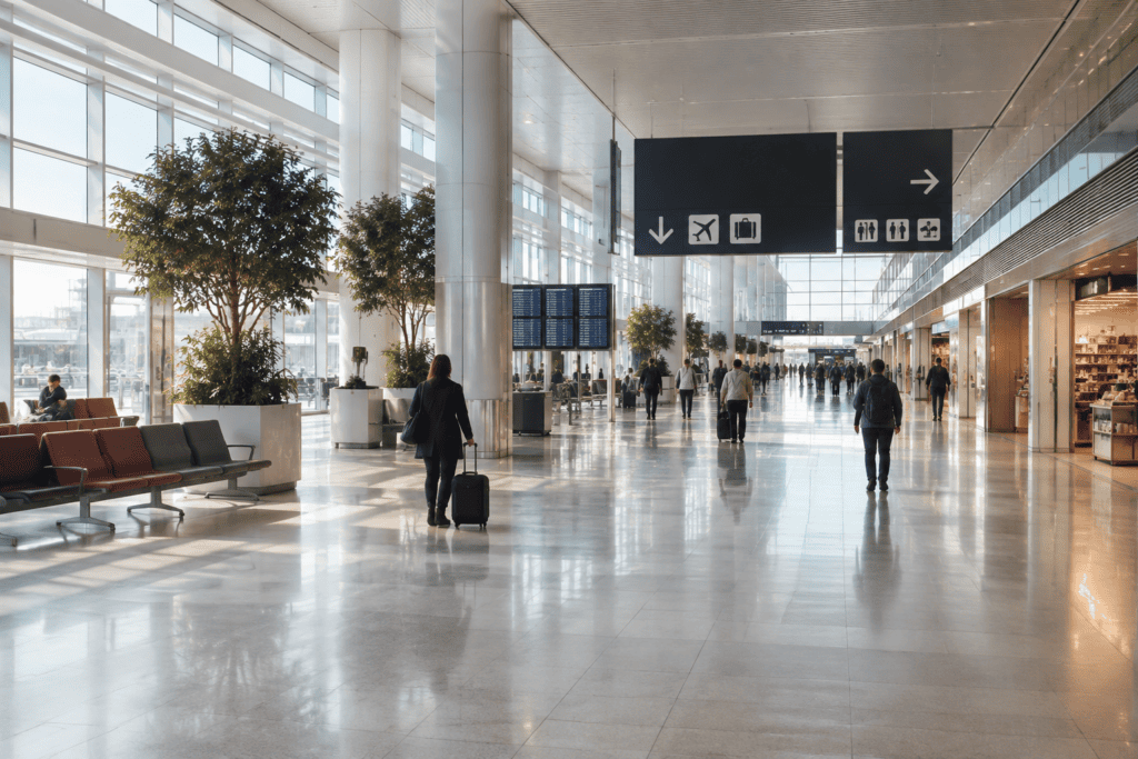 Vaste galerie d’aéroport avec baies vitrées, sièges, voyageurs et panneaux d’orientation.