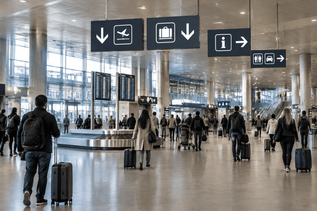 Des voyageurs tirent leurs valises près d’un carrousel à bagages, sous des panneaux d’orientation.