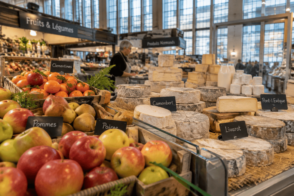 Des pommes, des poires, des agrumes et des fromages sont présentés sur un étal, sous les hautes fenêtres des Halles centrales.