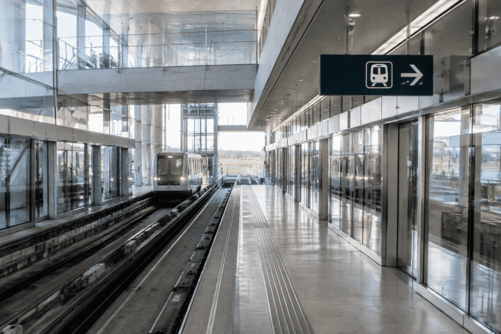 Quai vitré d’une navette automatisée, avec les voies, une rame et un panneau directionnel montrant un pictogramme de train.