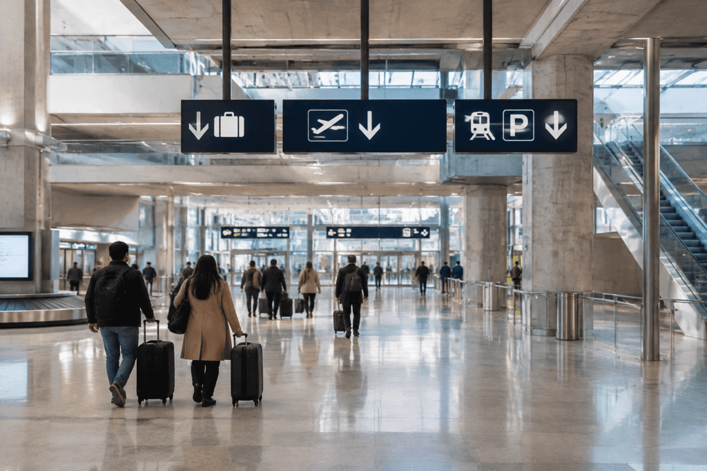 Voyageurs avec leurs bagages traversant une concourse lumineuse sous des panneaux directionnels à pictogrammes.