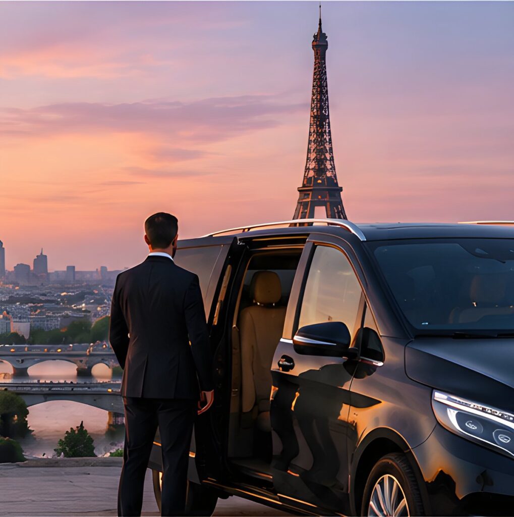 Chauffeur devant un Mercedes V-Class pour un événement d'entreprise à Paris