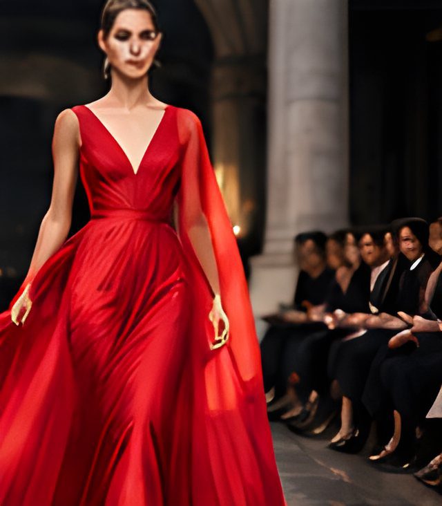 Défilé de la Fashion Week à Paris, mannequin en robe rouge