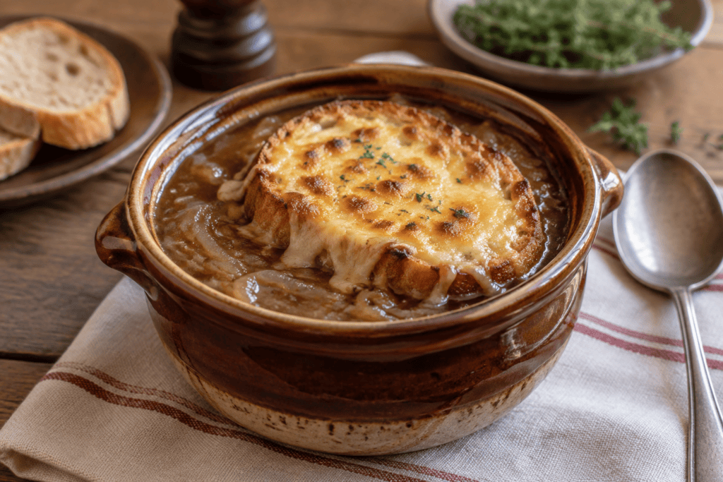 Soupe à l’oignon gratinée dans un bol en terre cuite, avec du pain doré recouvert de fromage fondu.