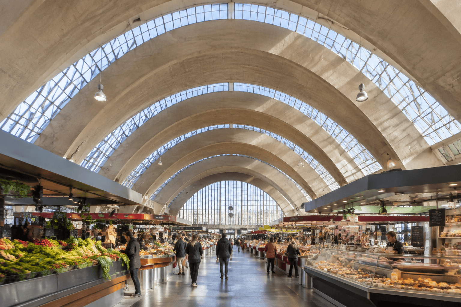 Allée centrale du marché sous les grandes voûtes en béton et les verrières, bordée d’étals de produits frais et de visiteurs.