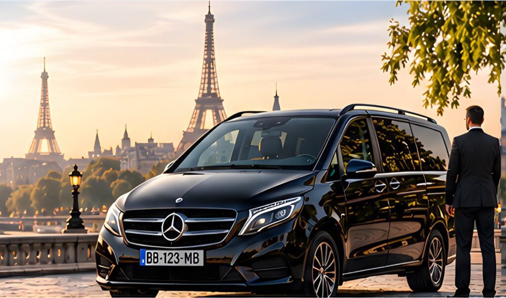 Chauffeur privé à Paris devant un Mercedes Classe V, tour Eiffel au coucher du soleil