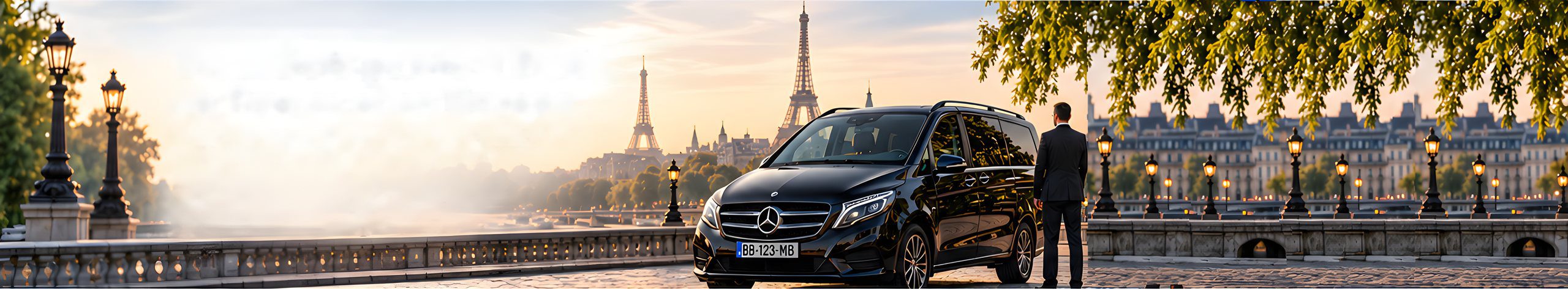 Chauffeur privé devant un Mercedes Classe V sur un pont de Paris, tour Eiffel au coucher du soleil