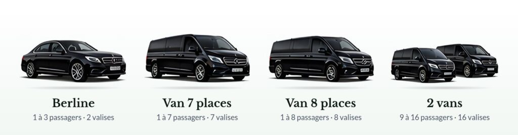Flotte de transferts privés à Paris : berline, van 7 places, van 8 places et deux vans pour 16 passagers