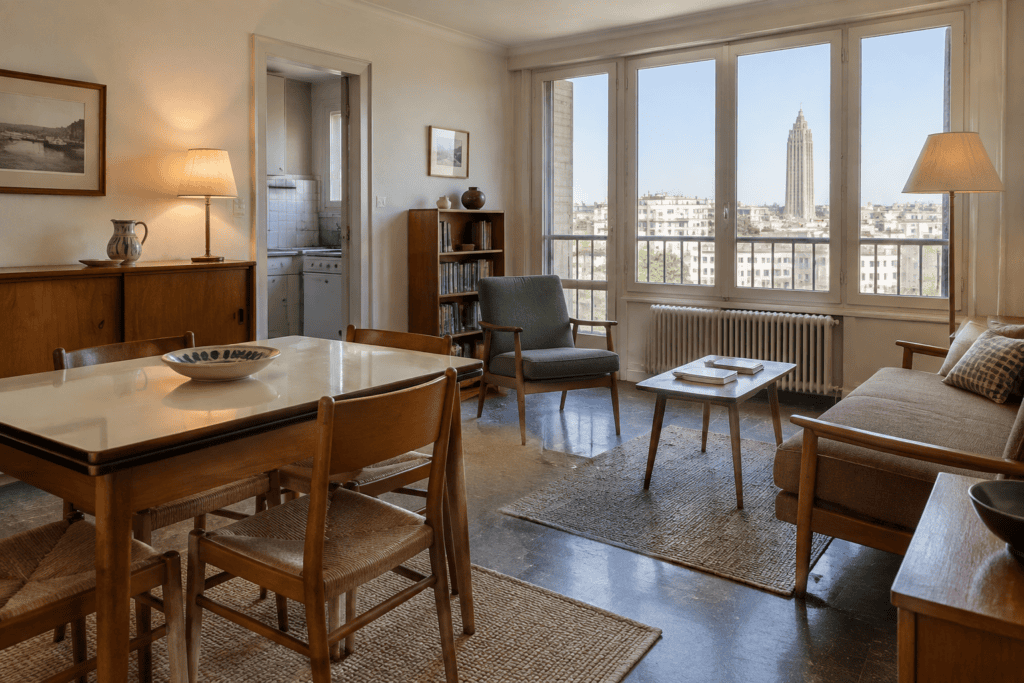 Salon avec table et chaises en bois, fauteuils, buffet et grandes fenêtres donnant sur des immeubles et une tour.