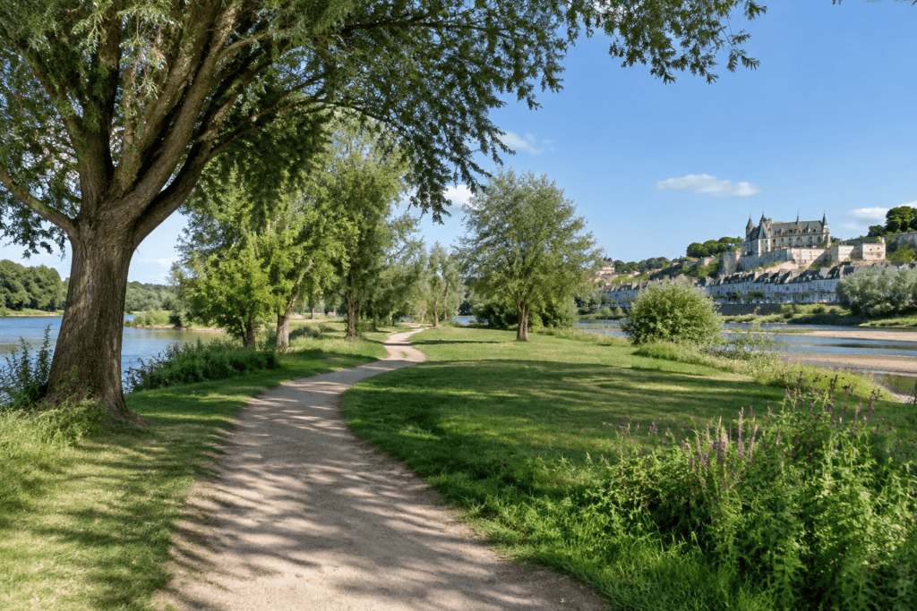 Un chemin sinueux traverse une pelouse arborée au bord de la Loire, avec le château d’Amboise visible au loin.