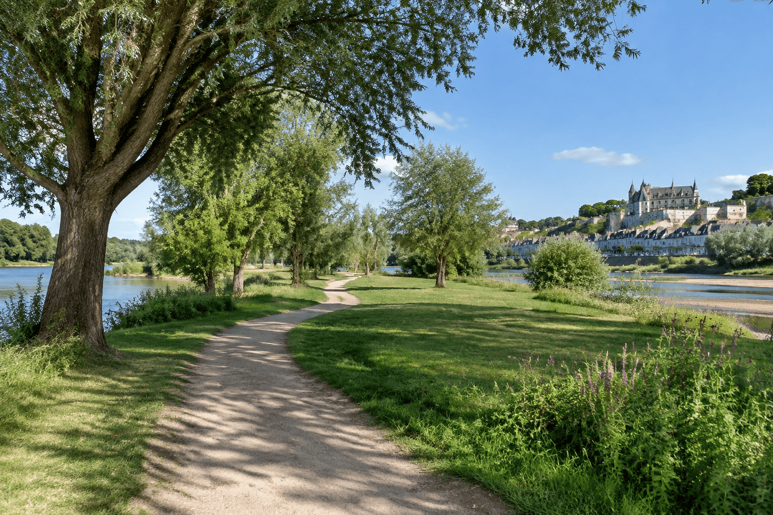 Un chemin sinueux traverse une pelouse arborée au bord de la Loire, avec le château d’Amboise visible au loin.
