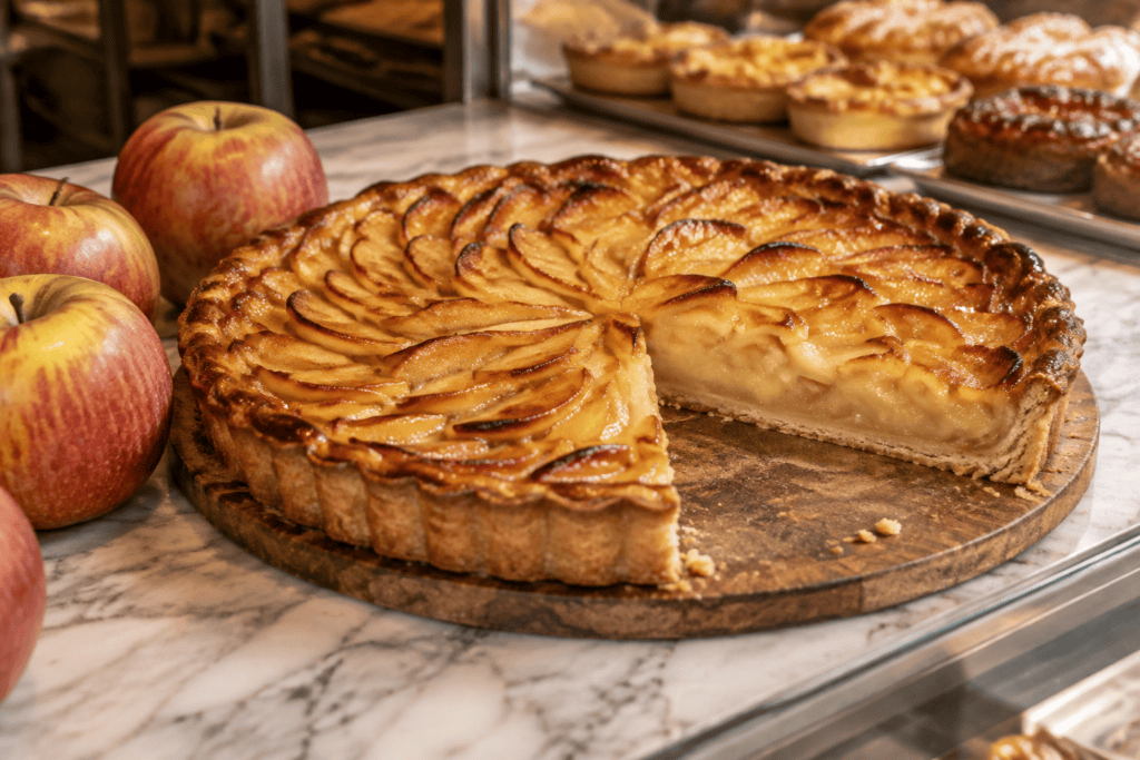 Tarte dorée aux pommes, avec une part découpée, exposée près de pommes fraîches.