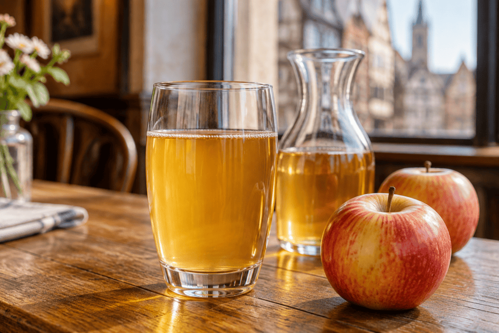 Verre de jus de pomme doré et carafe sur une table en bois, près de deux pommes.