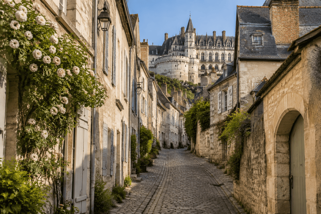 Une rue pavée monte entre des maisons anciennes en pierre claire, vers le château d’Amboise visible au-dessus des toits.