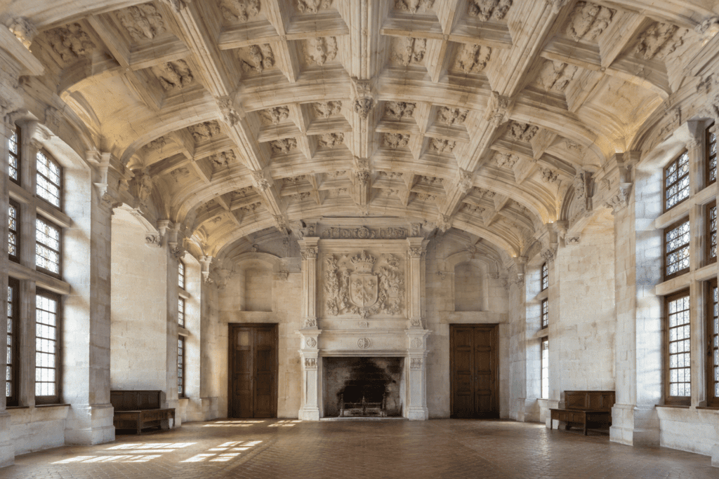 Salle en pierre avec une haute voûte à caissons sculptés, une cheminée, des portes et des fenêtres.