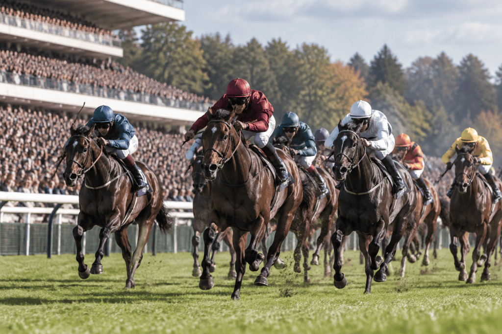 Des chevaux de course et leurs jockeys galopent sur une piste en gazon devant des tribunes remplies de spectateurs.