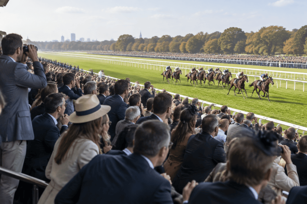 Des spectateurs observent une course de chevaux au galop depuis les tribunes, le long d’une piste en herbe.