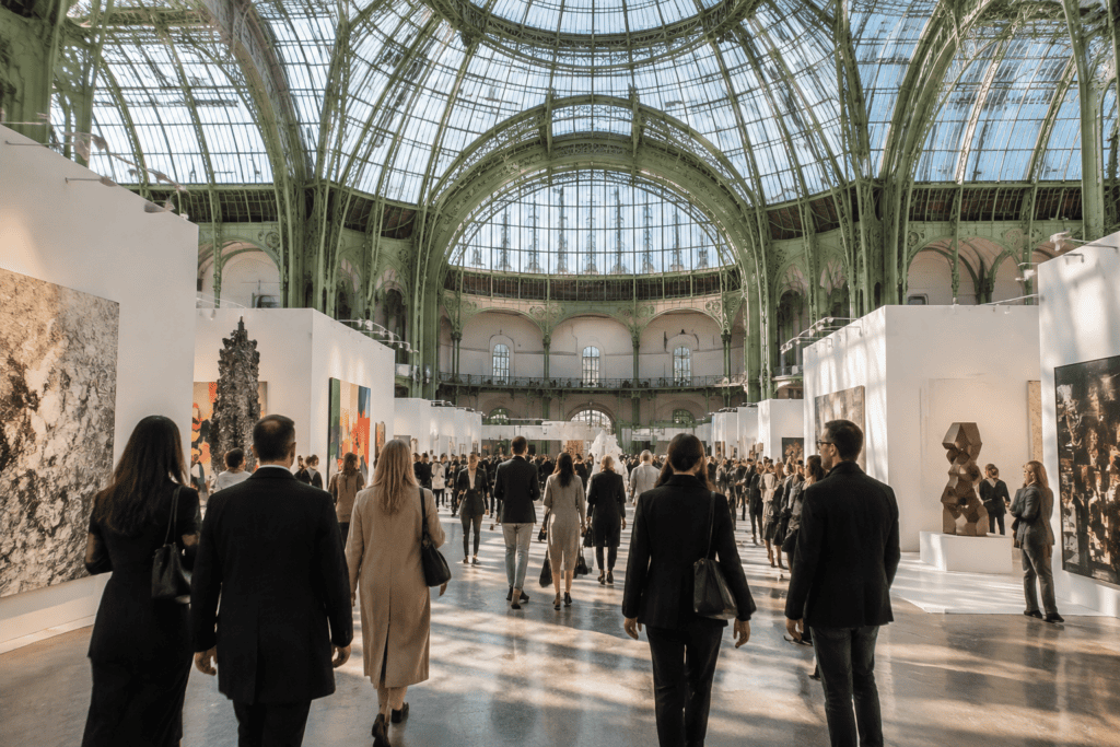 Des visiteurs parcourent une foire d’art contemporain dans une vaste nef vitrée, entre des espaces d’exposition et des œuvres.
