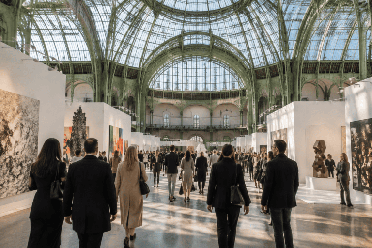 Des visiteurs parcourent une foire d’art contemporain dans une vaste nef vitrée, entre des espaces d’exposition et des œuvres.