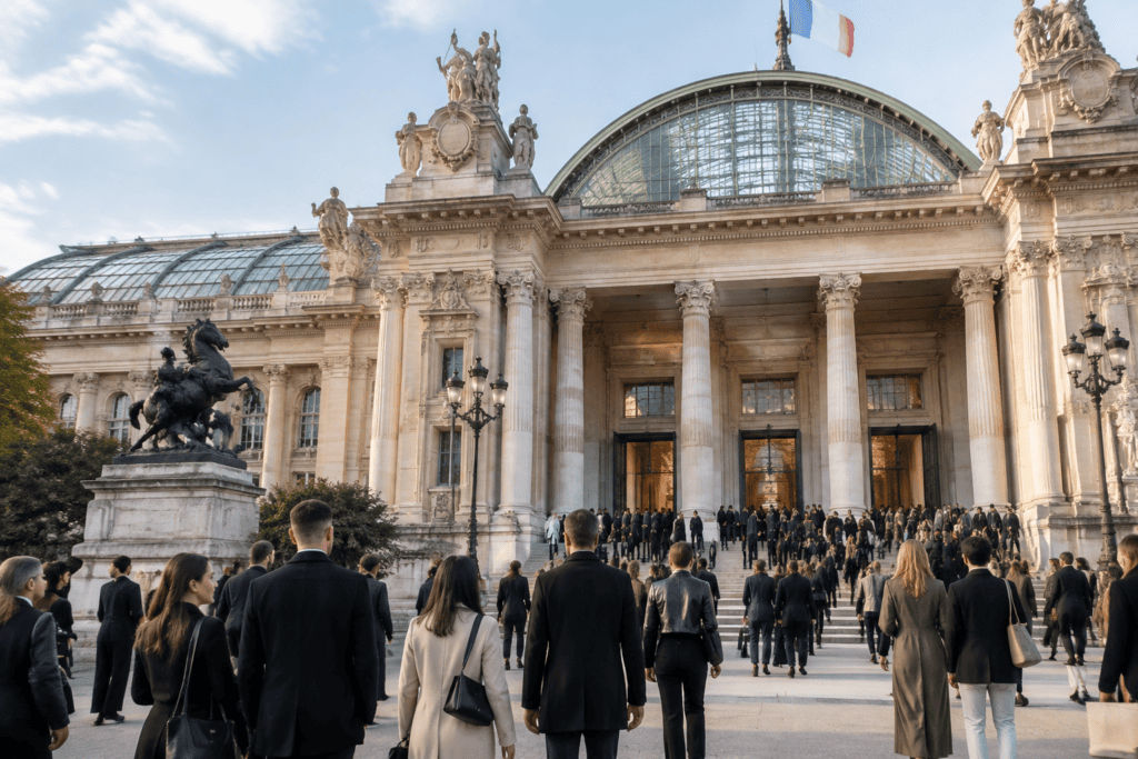 Des visiteurs se dirigent vers l’entrée du Grand Palais, devant sa façade monumentale et sa verrière.