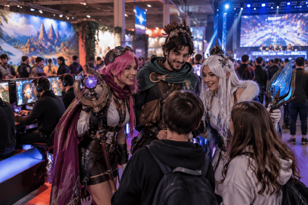 Des visiteurs costumés échangent avec des participants au milieu de stands de jeux vidéo.