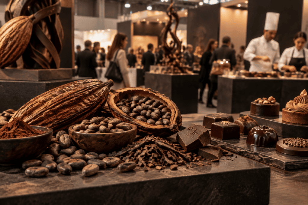 Une cabosse ouverte, des fèves de cacao et des chocolats sont présentés sur un comptoir, avec des visiteurs et des personnes en tenue de cuisine en arrière-plan.