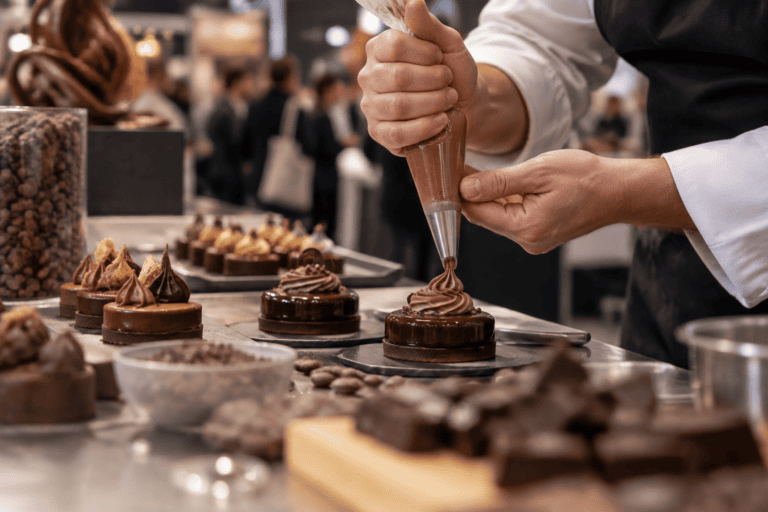 Des mains dressent une spirale de chocolat sur une pâtisserie, parmi d’autres créations présentées sur un plan de travail.