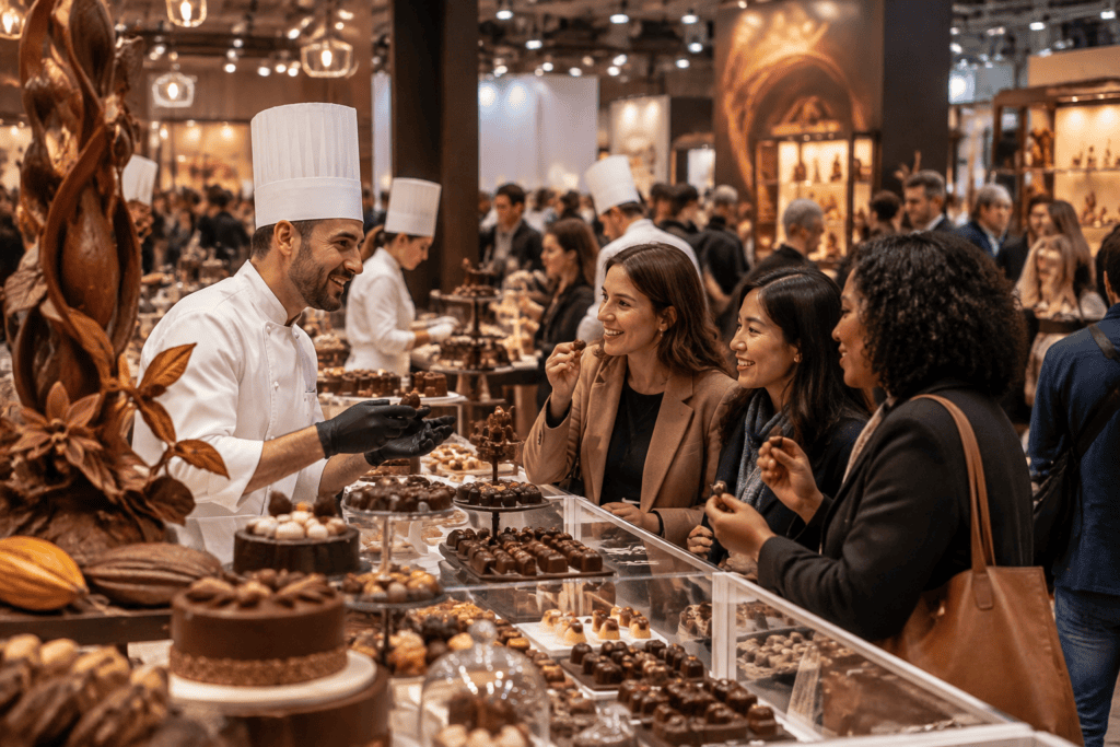 Un artisan présente des chocolats à des visiteuses devant un présentoir de pâtisseries.