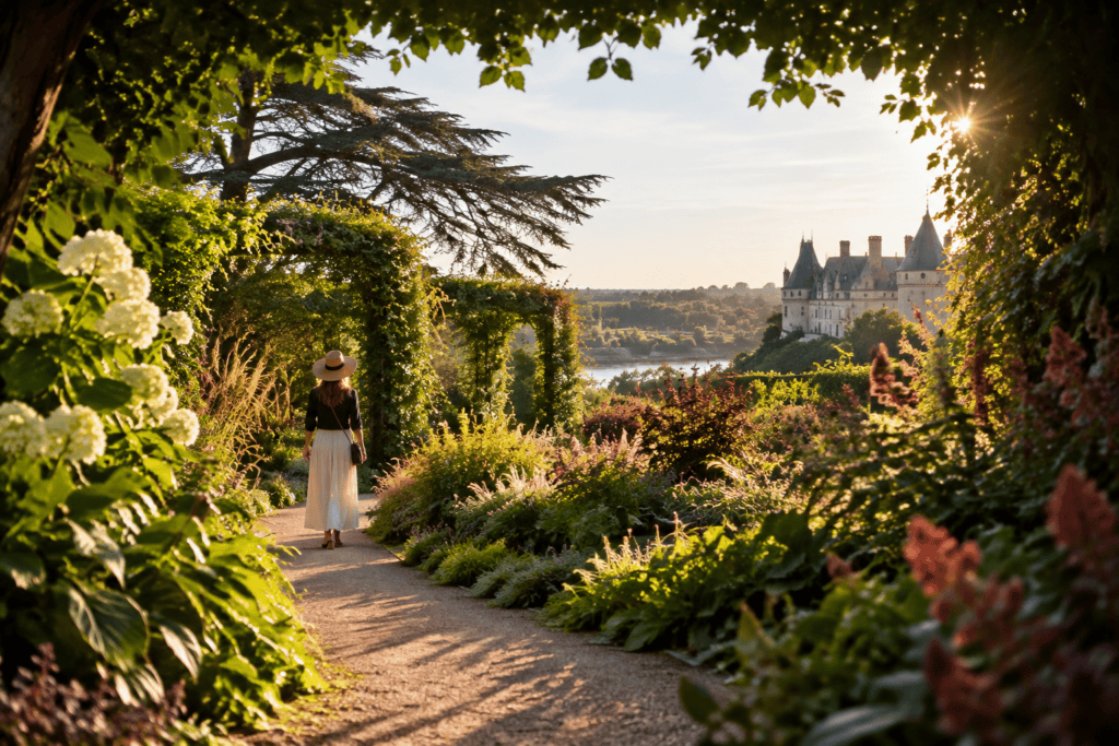 Une visiteuse suit une allée bordée de fleurs et de feuillages, avec un château visible au loin.