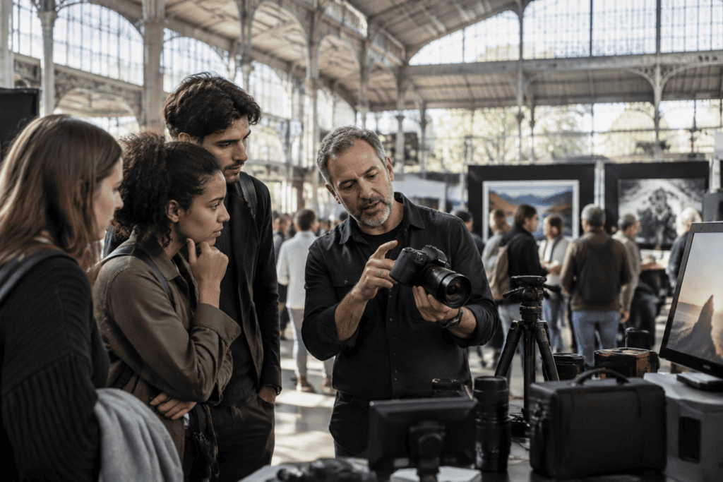 Un intervenant montre un appareil photo à trois visiteurs dans un espace d’exposition lumineux.