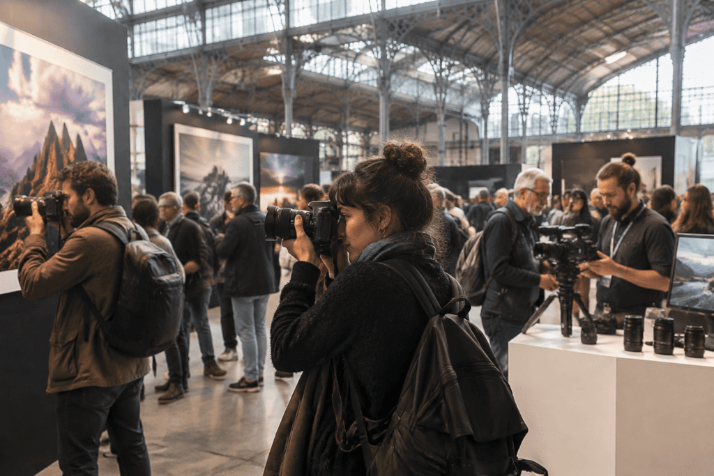 Des visiteurs photographient et découvrent du matériel de prise de vue dans un espace d’exposition.