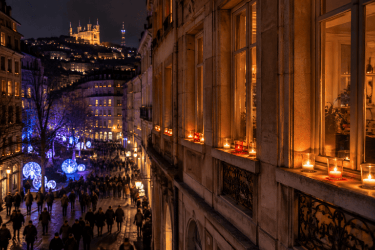 Des lumignons brillent aux fenêtres au-dessus d’une rue animée et décorée de lumières bleues, la nuit.