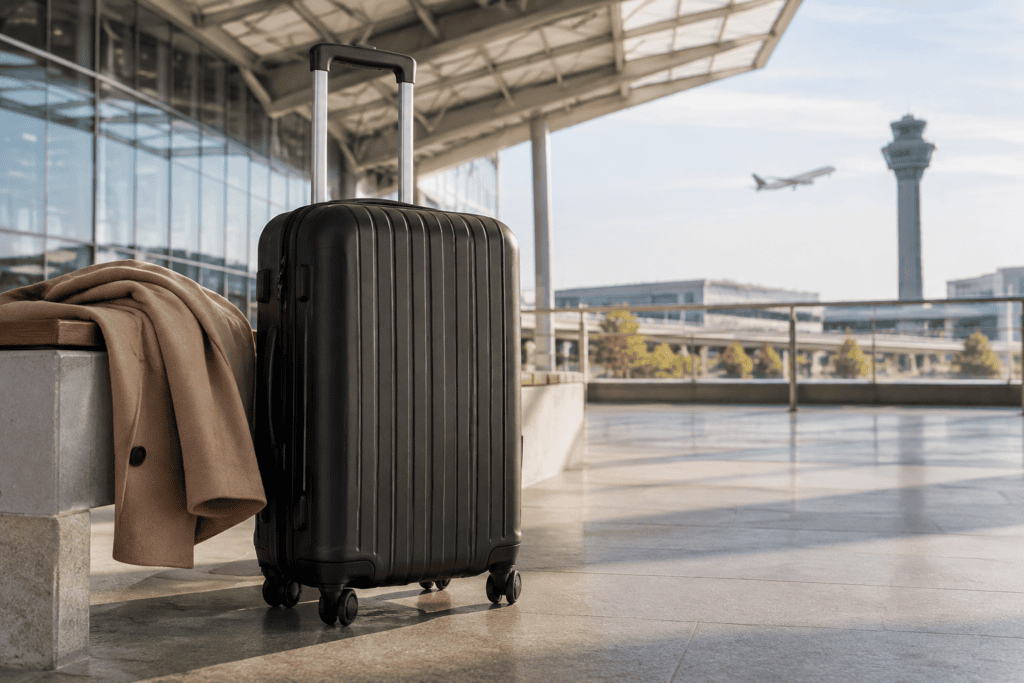 Valise à roulettes et manteau posés près d’une baie vitrée, avec une tour de contrôle en arrière-plan.