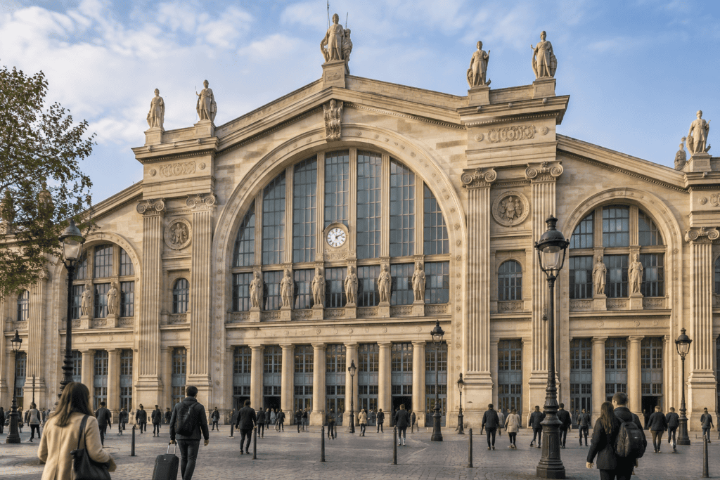 La façade monumentale et sculptée de la Gare du Nord, avec des voyageurs sur le parvis.