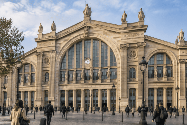 La façade monumentale et sculptée de la Gare du Nord, avec des voyageurs sur le parvis.