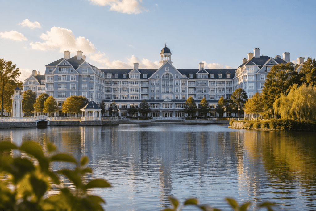 Façade du Disney Newport Bay Club au bord d’un lac, avec des arbres et des reflets dans l’eau.