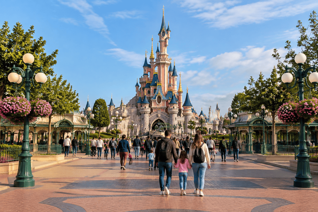 Des visiteurs traversent l’esplanade en direction du château de Disneyland Paris.