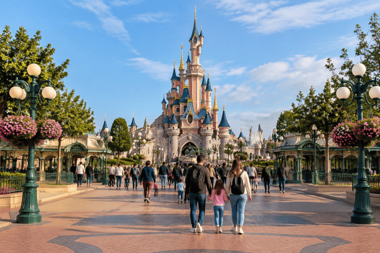 Des visiteurs traversent l’esplanade en direction du château de Disneyland Paris.