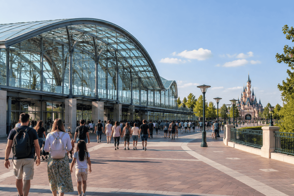 La gare de Marne-la-Vallée–Chessy et son esplanade, avec un château visible au loin