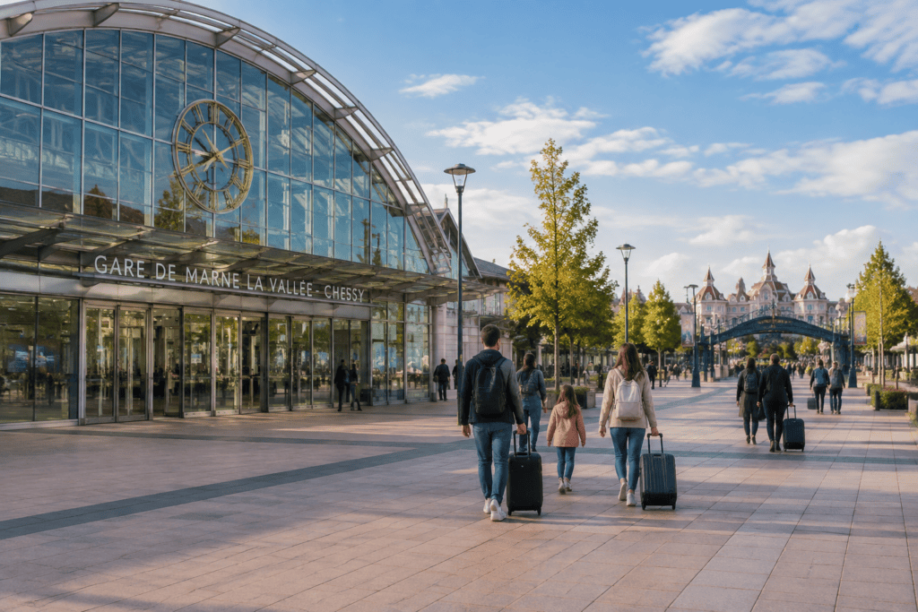 Voyageurs avec bagages devant la gare de Marne-la-Vallée–Chessy.