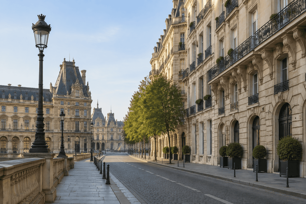 Rue bordée de façades en pierre et d’un lampadaire, dans un quartier central de Paris.