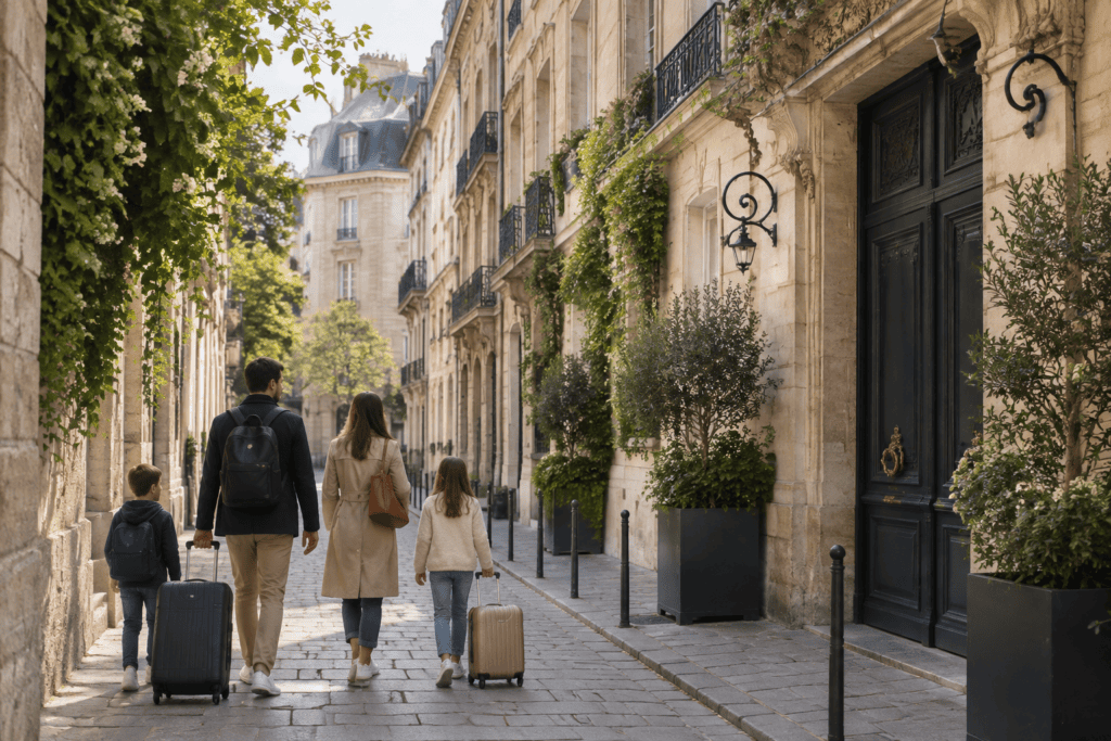 Une famille marche avec ses bagages dans une rue bordée de façades anciennes à Paris.